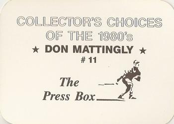 1987 The Press Box Collector's Choices of the 1980's (unlicensed) #11 Don Mattingly Back