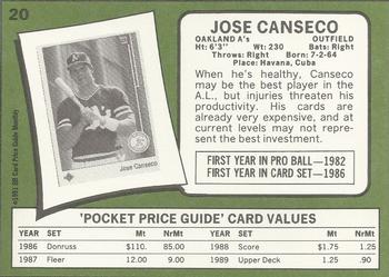 1991 SCD Baseball Card Price Guide Monthly #20 Jose Canseco Back
