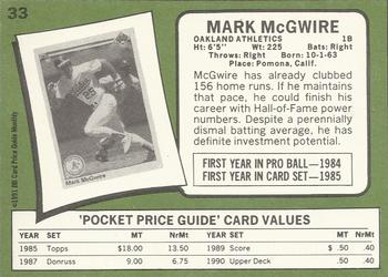 1991 SCD Baseball Card Price Guide Monthly #33 Mark McGwire Back