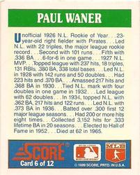 1989 Score Hottest 100 Rising Stars - Rookies to Remember #6 Paul Waner Back
