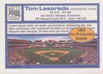 1992 Topps - Pre-Production Samples (Oval) #798 Tom Lasorda Back