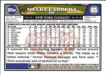 2008 Topps Opening Day #85 Melky Cabrera Back