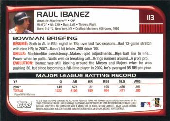 2008 Bowman #113 Raul Ibanez Back