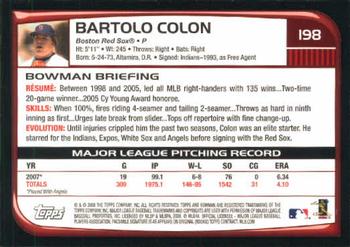 2008 Bowman #198 Bartolo Colon Back