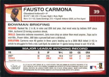 2008 Bowman #39 Fausto Carmona Back