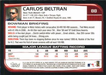 2008 Bowman #88 Carlos Beltran Back