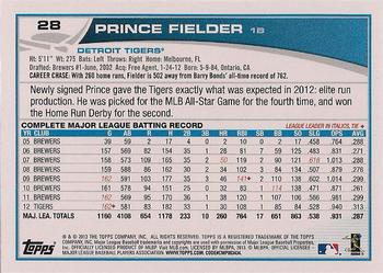 2013 Topps Opening Day #28 Prince Fielder Back