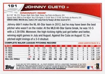 2013 Topps Opening Day #191 Johnny Cueto Back