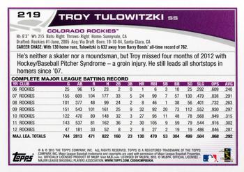 2013 Topps Opening Day #219 Troy Tulowitzki Back