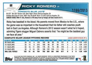 2013 Topps Opening Day - Blue #2 Ricky Romero Back