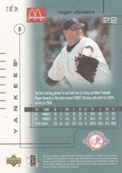 2003 Upper Deck McDonald's New York Yankees #2 Roger Clemens Back