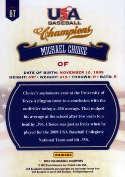 2013 Panini USA Baseball Champions #87 Michael Choice Back