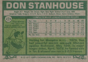 1977 Topps #274 Don Stanhouse Back