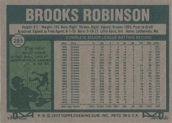 1977 Topps #285 Brooks Robinson Back