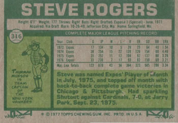 1977 Topps #316 Steve Rogers Back