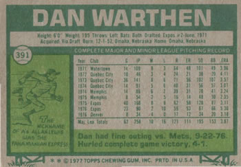 1977 Topps #391 Dan Warthen Back