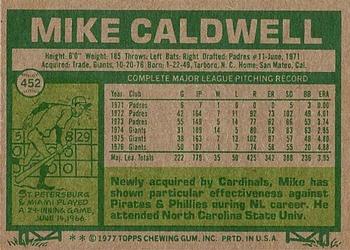 1977 Topps #452 Mike Caldwell Back