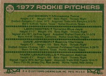 1977 Topps #478 1977 Rookie Pitchers (Jim Gideon / Leon Hooten / Dave Johnson / Mark Lemongello) Back