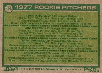1977 Topps #493 1977 Rookie Pitchers (Mike Krukow / Jim Otten / Gary Wheelock / Mike Willis) Back