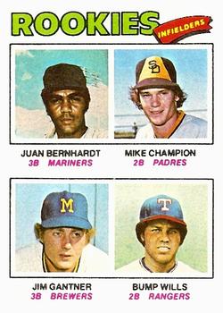 1977 Topps #494 1977 Rookie Infielders (Juan Bernhardt / Mike Champion / Jim Gantner / Bump Wills) Front