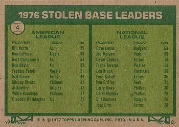 1977 Topps #4 1976 Stolen Base Leaders (Bill North / Dave Lopes) Back