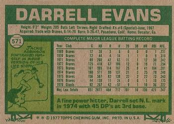 1977 Topps #571 Darrell Evans Back