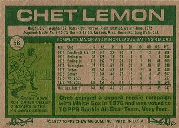 1977 Topps #58 Chet Lemon Back
