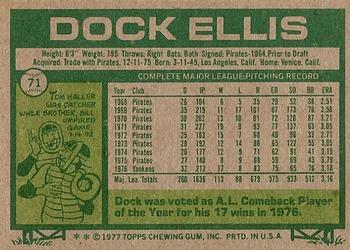 1977 Topps #71 Dock Ellis Back