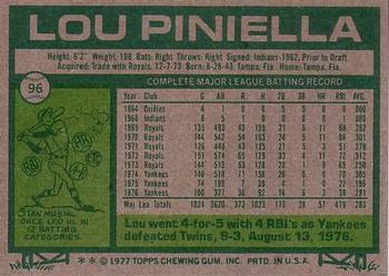 1977 Topps #96 Lou Piniella Back