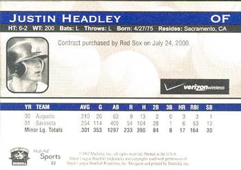 2002 MultiAd Trenton Thunder #22 Justin Headley Back