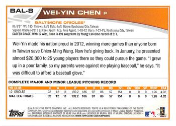 2013 Topps Baltimore Orioles #BAL8 Wei-Yin Chen Back