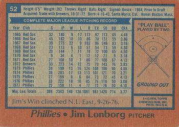 1978 Topps #52 Jim Lonborg Back
