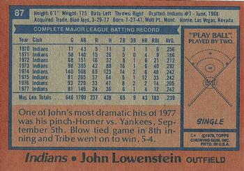 1978 Topps #87 John Lowenstein Back