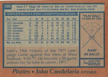 1978 Topps #190 John Candelaria Back