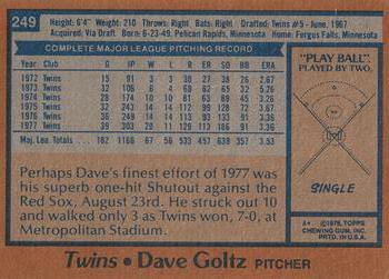 1978 Topps #249 Dave Goltz Back