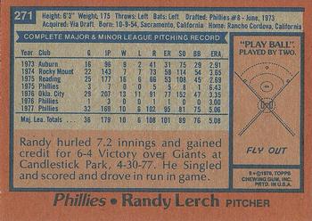 1978 Topps #271 Randy Lerch Back