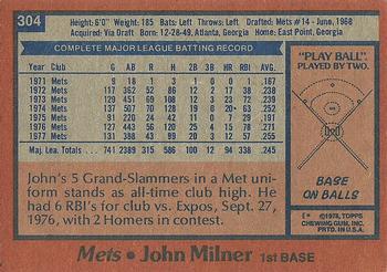 1978 Topps #304 John Milner Back