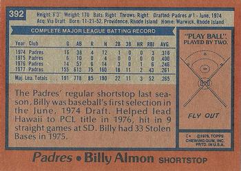 1978 Topps #392 Billy Almon Back
