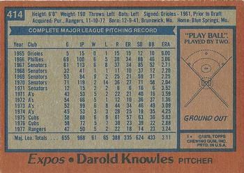 1978 Topps #414 Darold Knowles Back