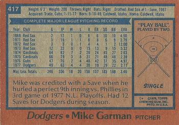 1978 Topps #417 Mike Garman Back