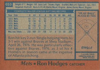 1978 Topps #653 Ron Hodges Back