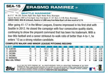 2013 Topps Seattle Mariners #SEA-15 Erasmo Ramirez Back