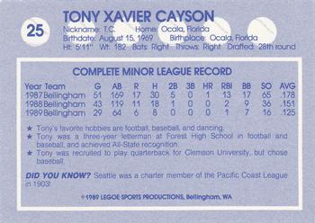 1989 Legoe Bellingham Mariners #25 Tony Cayson Back