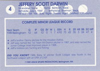 1989 Legoe Bellingham Mariners #4 Jeff Darwin Back