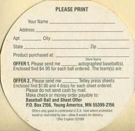 1989 Tetley Tea Discs #NNO Two Exciting Baseball Offers Back