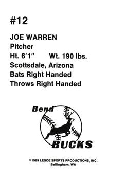 1989 Legoe Bend Bucks #12 Joe Warren Back