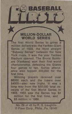 1976 Fleer Official Major League Patches - Baseball Firsts #29 Million-Dollar World Series Back