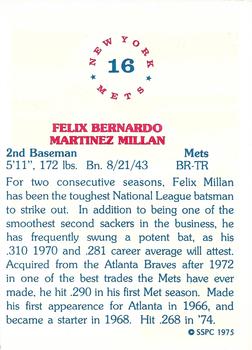 1975 SSPC New York Mets #16 Felix Millan Back