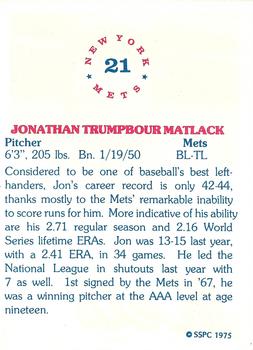 1975 SSPC New York Mets #21 Jon Matlack Back