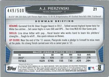 2013 Bowman - Blue #21 A.J. Pierzynski Back
